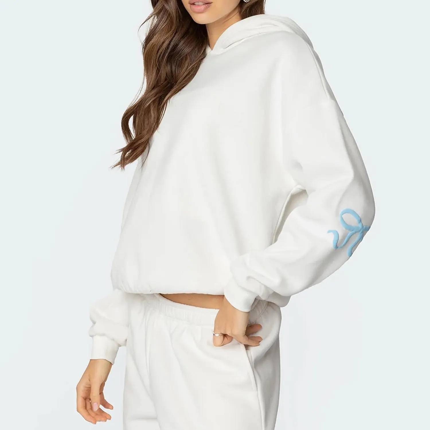 Women 2 Piece Bow Print Tracksuit Outfits Long Sleeve Hoodies Wide Leg Sweatpant Oversized Sweat Set with Pockets
