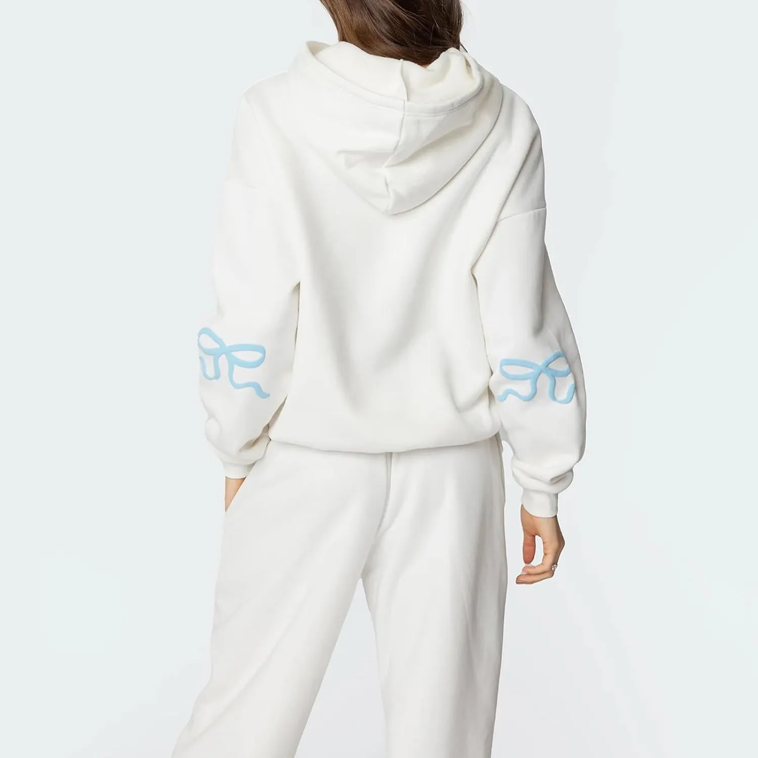 Women 2 Piece Bow Print Tracksuit Outfits Long Sleeve Hoodies Wide Leg Sweatpant Oversized Sweat Set with Pockets