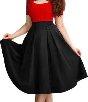 Women A-Line Flared Swing Skirt Midi High Waist Skirts Vintage Party Half Dress Pleated Swing Mid Calf Skirts