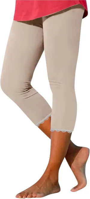 Women Capris Bottom Leggings Summer High Waist Slim Lace Hem Capris Pants Casual Fitting Athletic Gym Yoga Pants 2025