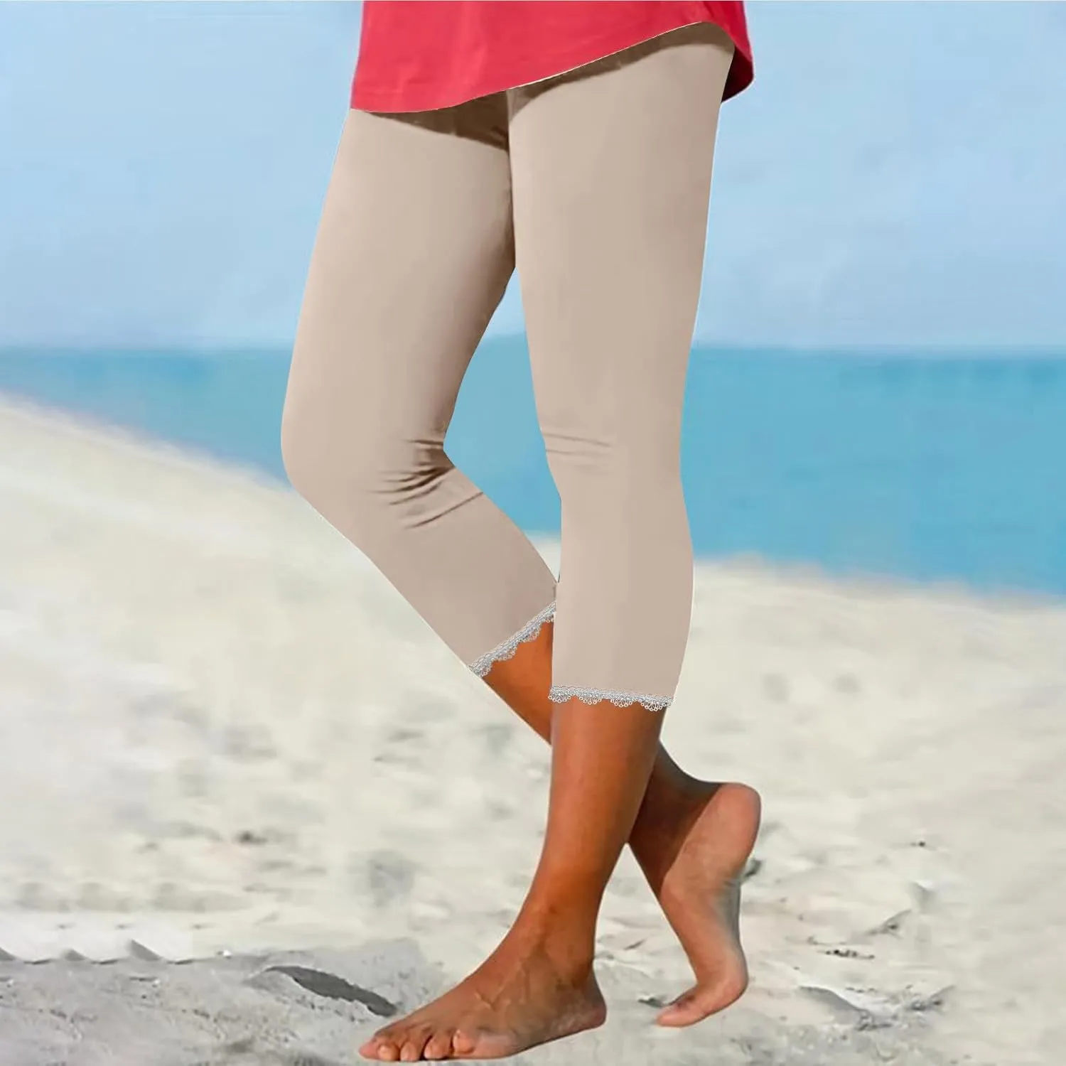 Women Capris Bottom Leggings Summer High Waist Slim Lace Hem Capris Pants Casual Fitting Athletic Gym Yoga Pants 2025