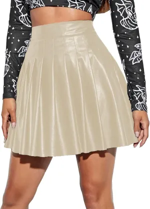 Women Fashion Pleated Skirt Waist High Leather Skirt Short Elegant Solid Skirt Pleated Midi Pleated School Girl