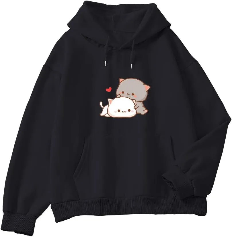 Women Kawaii Cartoon Cute Cat Graphic Casual Cotton Pullover Hoodies Sweatshirt