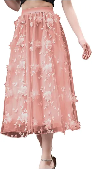 Women Skirt Elegant Plus Size Flowy Skirts Baggy Pleated High Waisted A-Line Flowy Skirts Embroidery Skirts