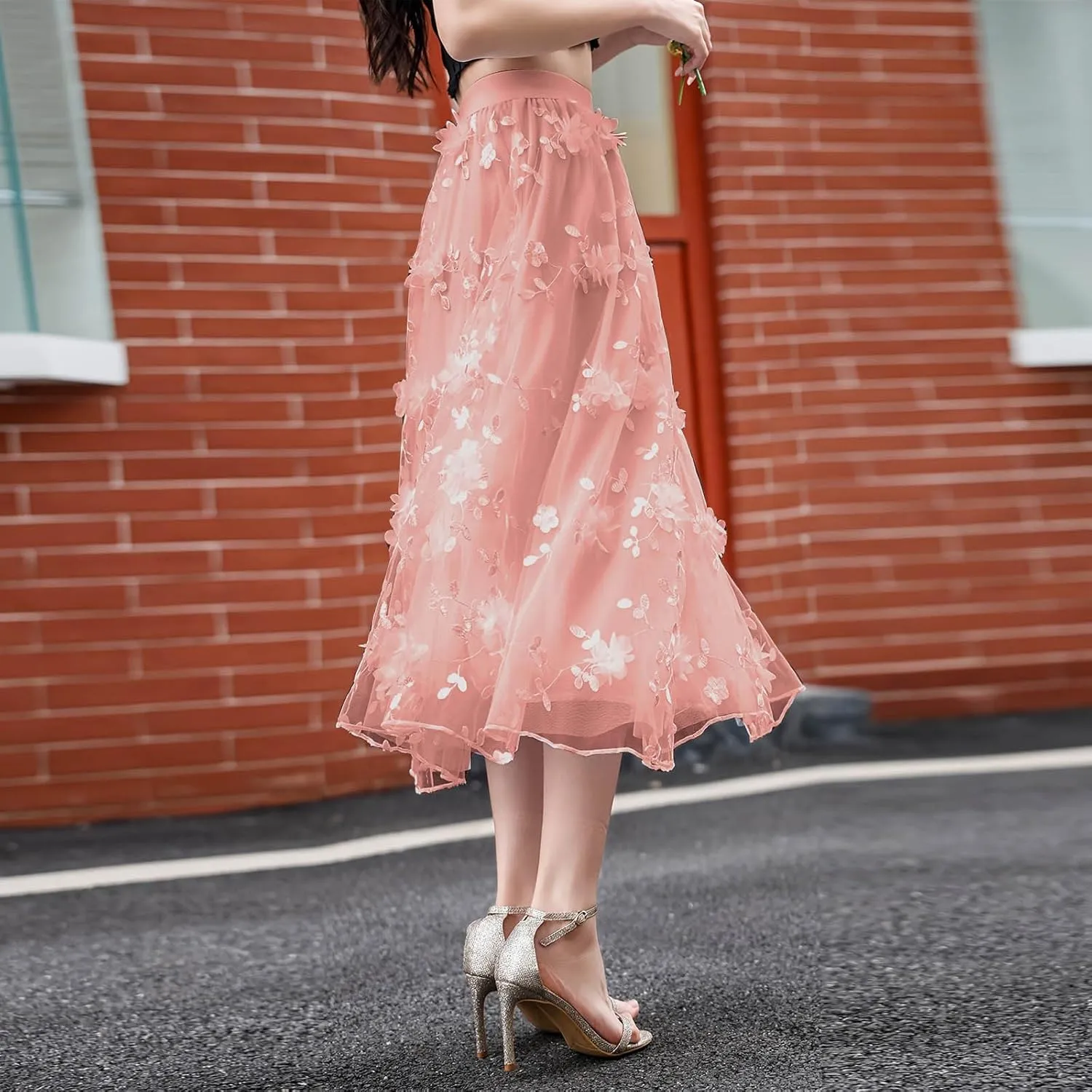 Women Skirt Elegant Plus Size Flowy Skirts Baggy Pleated High Waisted A-Line Flowy Skirts Embroidery Skirts