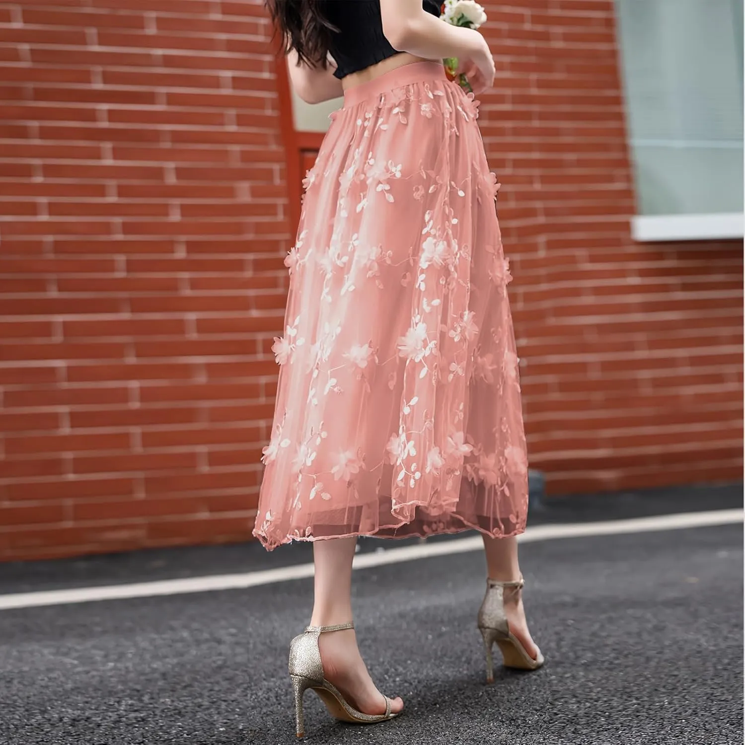 Women Skirt Elegant Plus Size Flowy Skirts Baggy Pleated High Waisted A-Line Flowy Skirts Embroidery Skirts