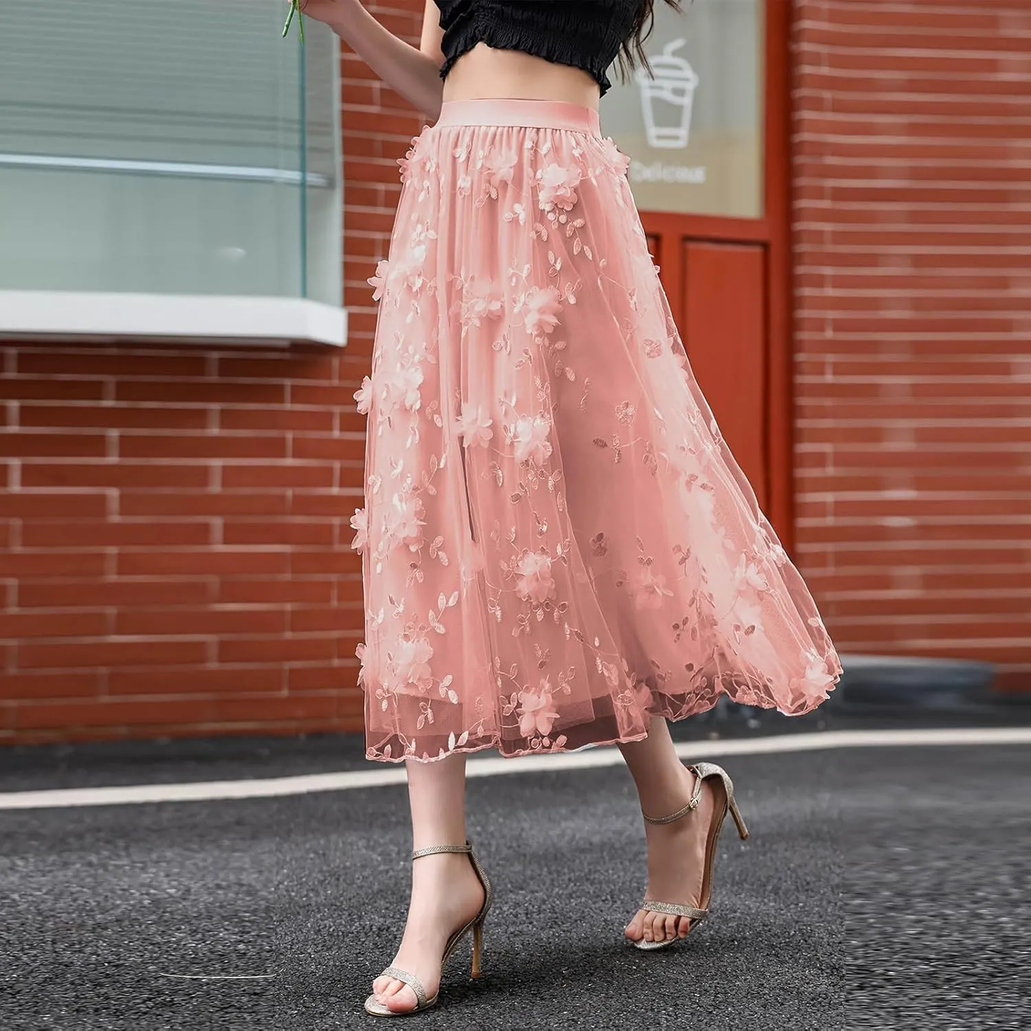 Women Skirt Elegant Plus Size Flowy Skirts Baggy Pleated High Waisted A-Line Flowy Skirts Embroidery Skirts