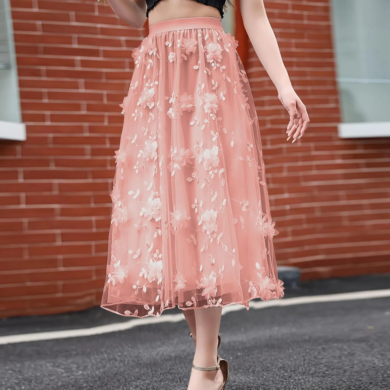 Women Skirt Elegant Plus Size Flowy Skirts Baggy Pleated High Waisted A-Line Flowy Skirts Embroidery Skirts