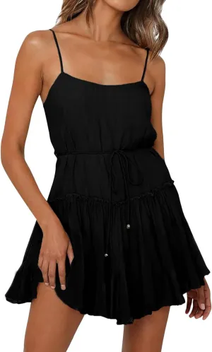 Women Swimwear Sundress Modest Swim Mini Camisole Skirt Dress Waist Tiered Ruffle Casual Suit Trendy Beach Summer