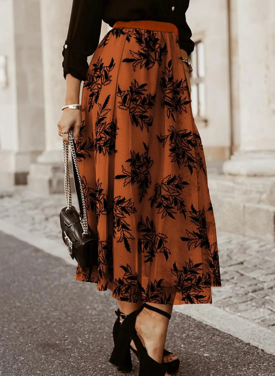 Women's Casual A-Line Tutu Fairy Layered Pleated Mesh Elastic Waist Floral Embroidery Flare Tulle Midi Skirt