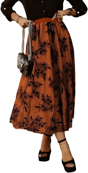 Women's Casual A-Line Tutu Fairy Layered Pleated Mesh Elastic Waist Floral Embroidery Flare Tulle Midi Skirt