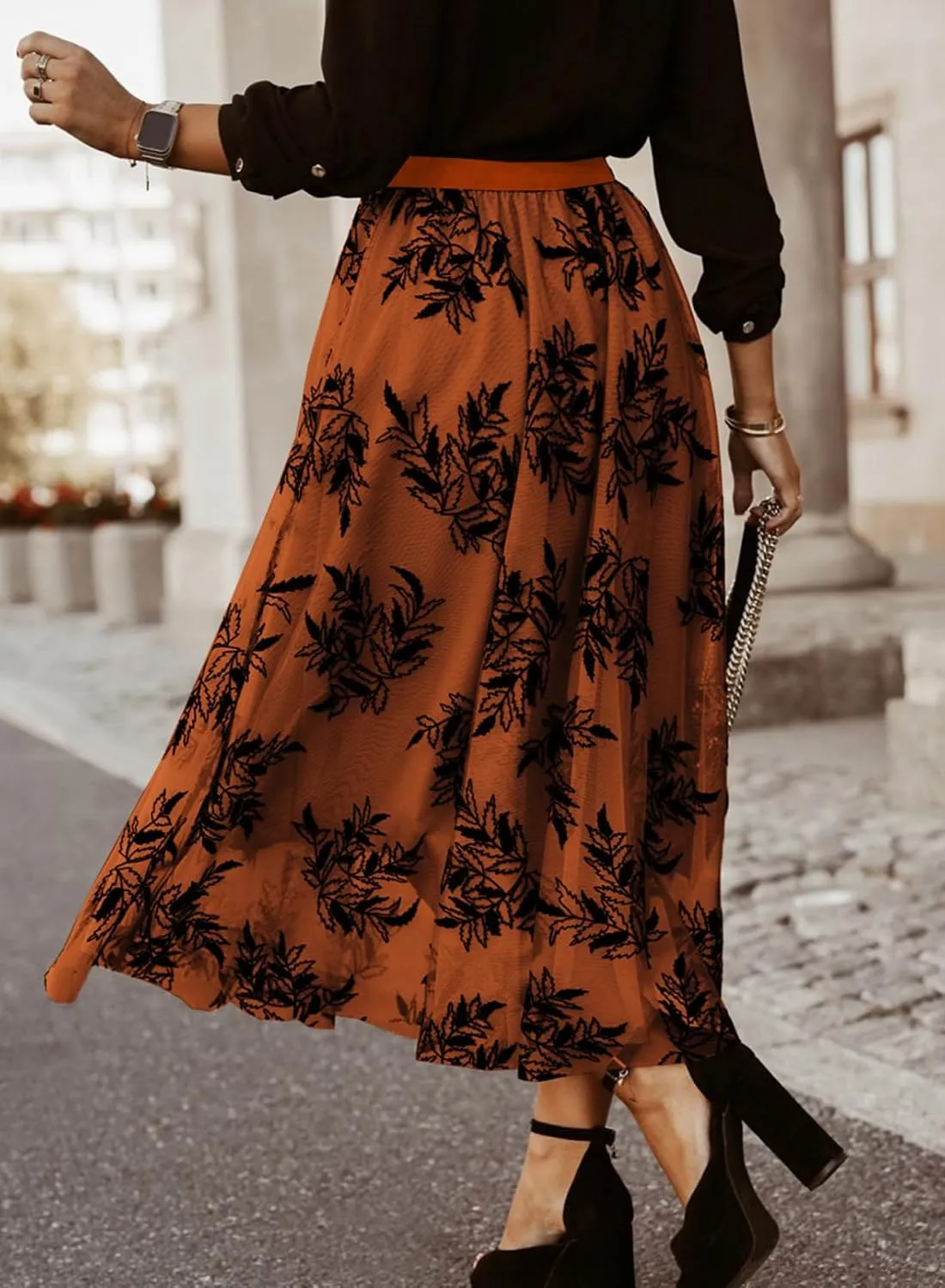 Women's Casual A-Line Tutu Fairy Layered Pleated Mesh Elastic Waist Floral Embroidery Flare Tulle Midi Skirt