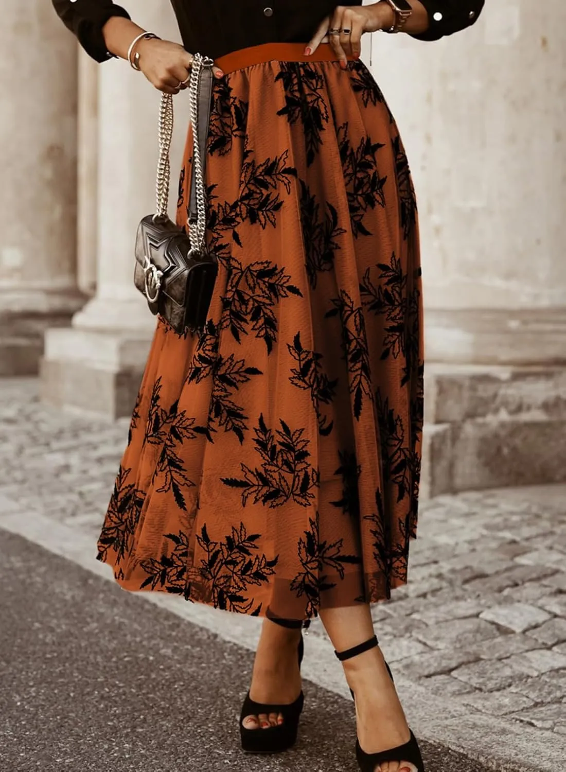 Women's Casual A-Line Tutu Fairy Layered Pleated Mesh Elastic Waist Floral Embroidery Flare Tulle Midi Skirt