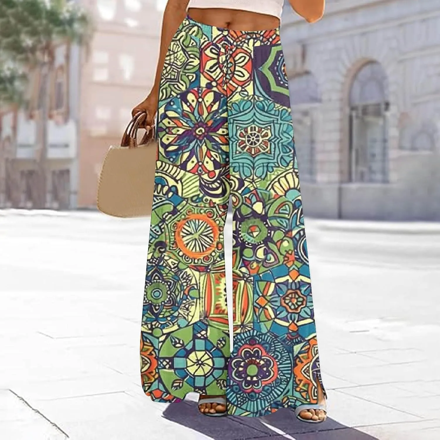 Women's Ethnic Style Palazzo Pants Vintage Boho Print Yoga Dance Pants Casual Loose Fit High Waist Wide Leg Trousers