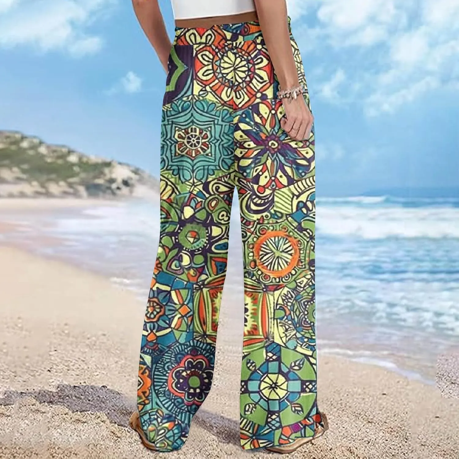 Women's Ethnic Style Palazzo Pants Vintage Boho Print Yoga Dance Pants Casual Loose Fit High Waist Wide Leg Trousers