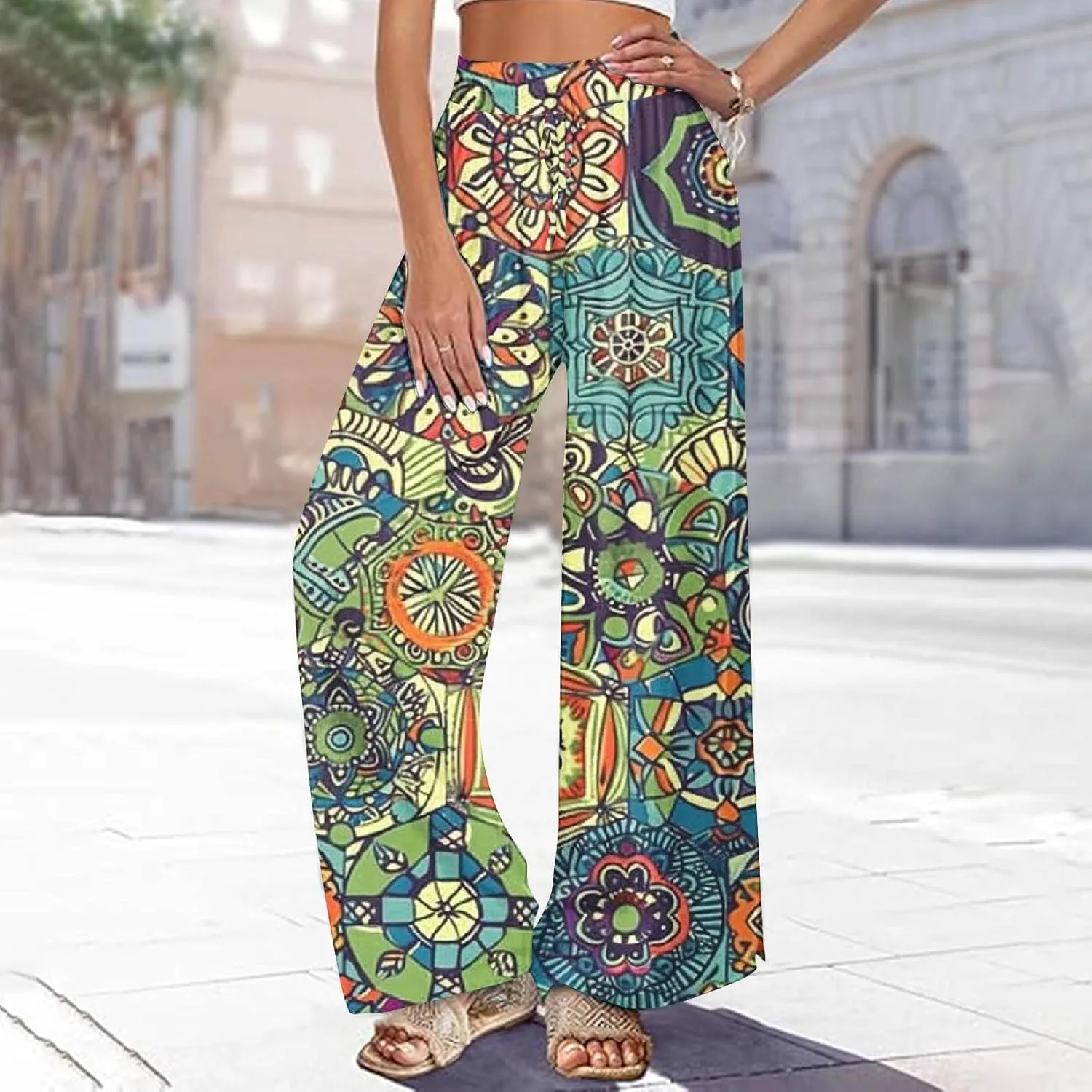 Women's Ethnic Style Palazzo Pants Vintage Boho Print Yoga Dance Pants Casual Loose Fit High Waist Wide Leg Trousers