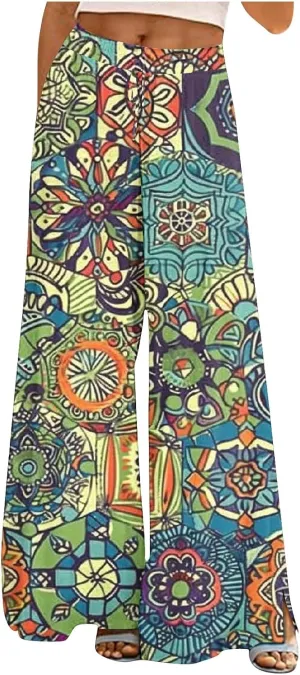 Women's Ethnic Style Palazzo Pants Vintage Boho Print Yoga Dance Pants Casual Loose Fit High Waist Wide Leg Trousers