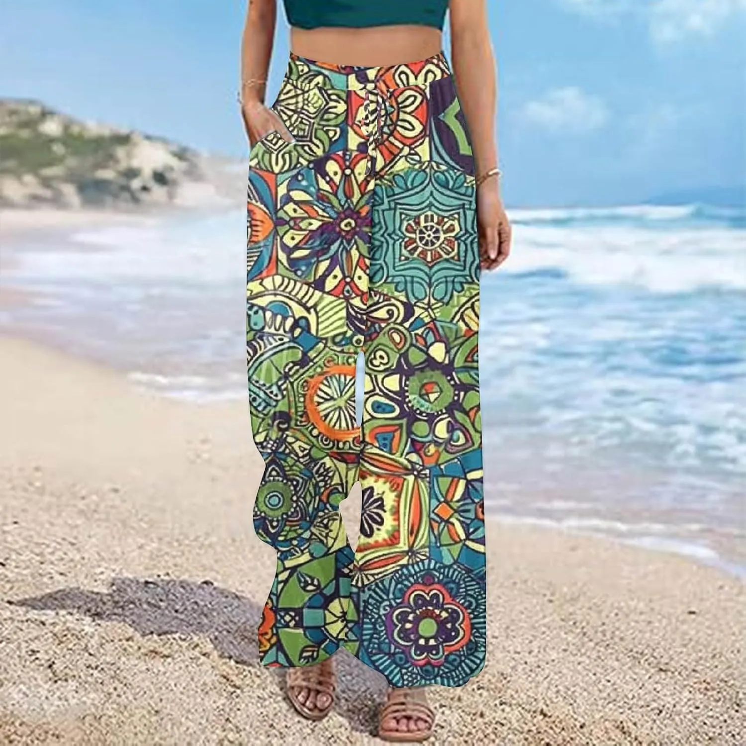 Women's Ethnic Style Palazzo Pants Vintage Boho Print Yoga Dance Pants Casual Loose Fit High Waist Wide Leg Trousers
