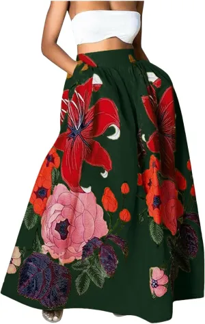 Women's Floral Ruffle Skirts Boho Maxi Skirt Plus Size High Waist Fashion Loose Hem Backless Beach Dresses Pocket