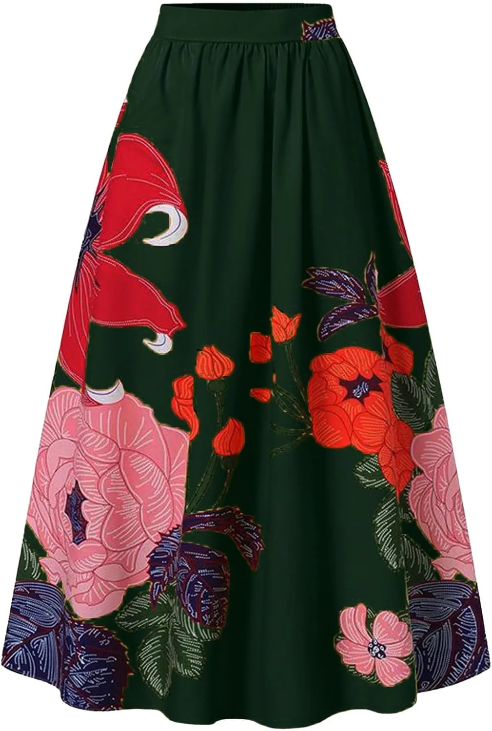 Women's Floral Ruffle Skirts Boho Maxi Skirt Plus Size High Waist Fashion Loose Hem Backless Beach Dresses Pocket