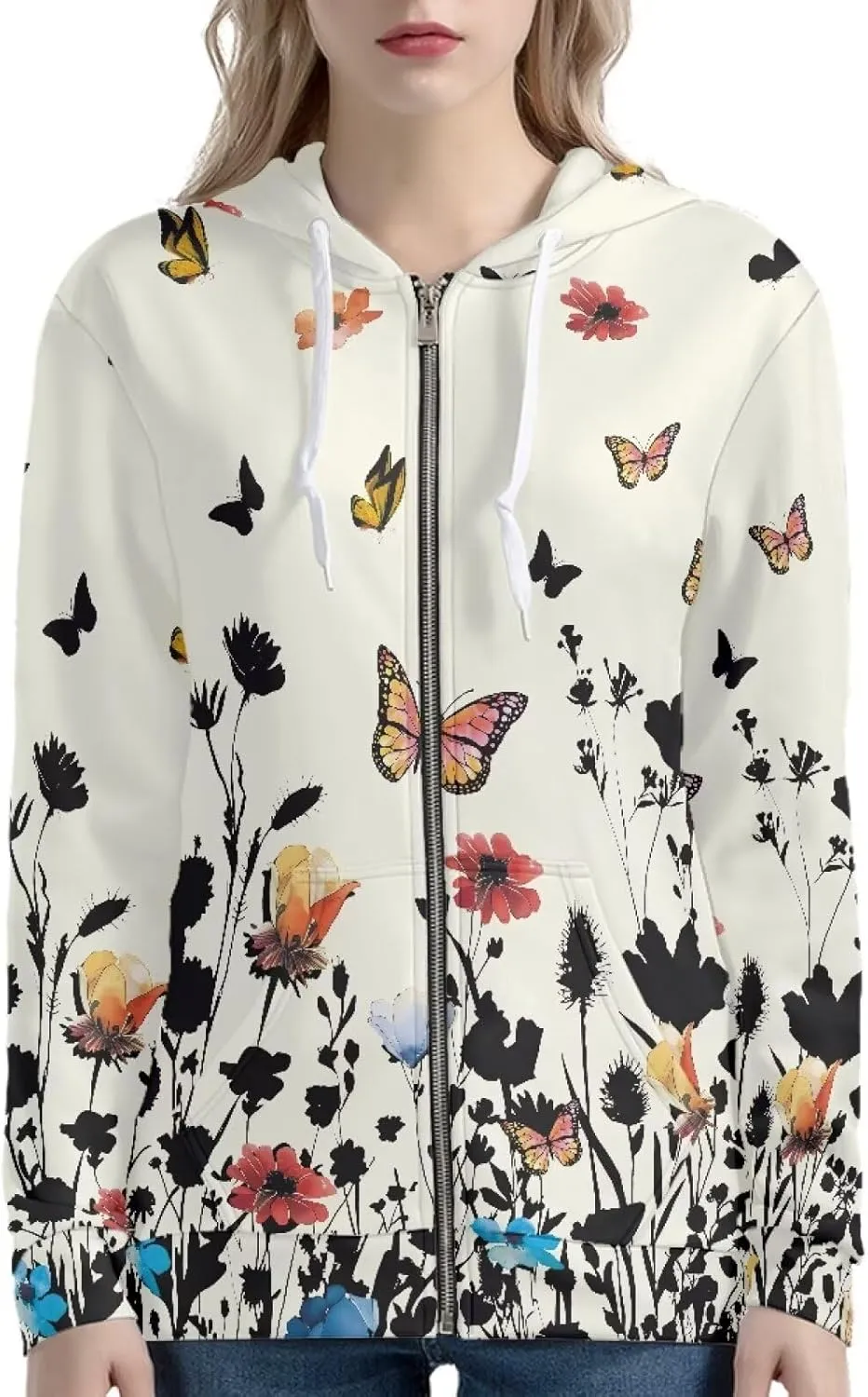 Women's Full Zip Long Sleeve Sweatshirts Casual Zip Up Hoodie Drawstring Y2K Teen Girls Hoody