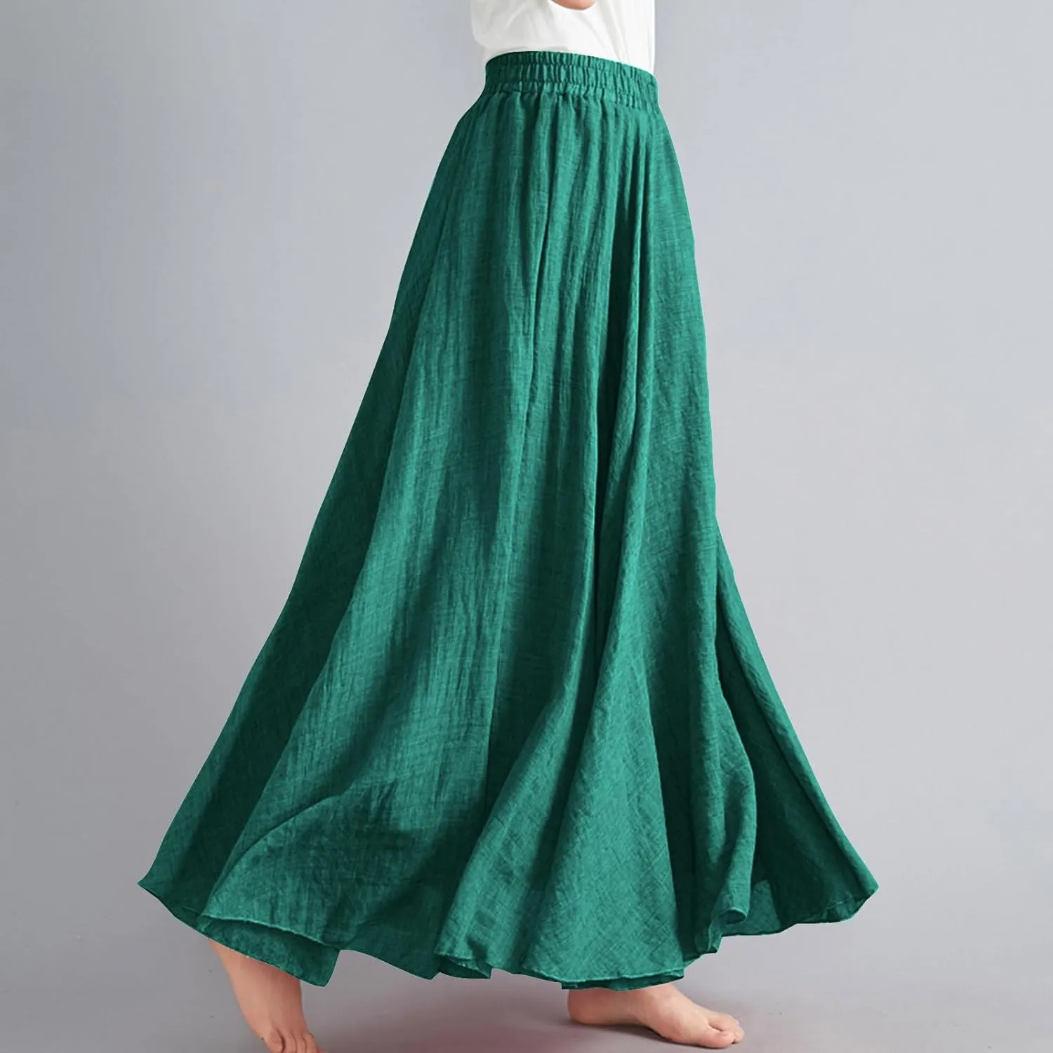 Womens Linen A-Line Skirts Elastic High Waisted Maxi Skirts Bohemian Casual Flowy Solid Beach Vacation Long Skirt