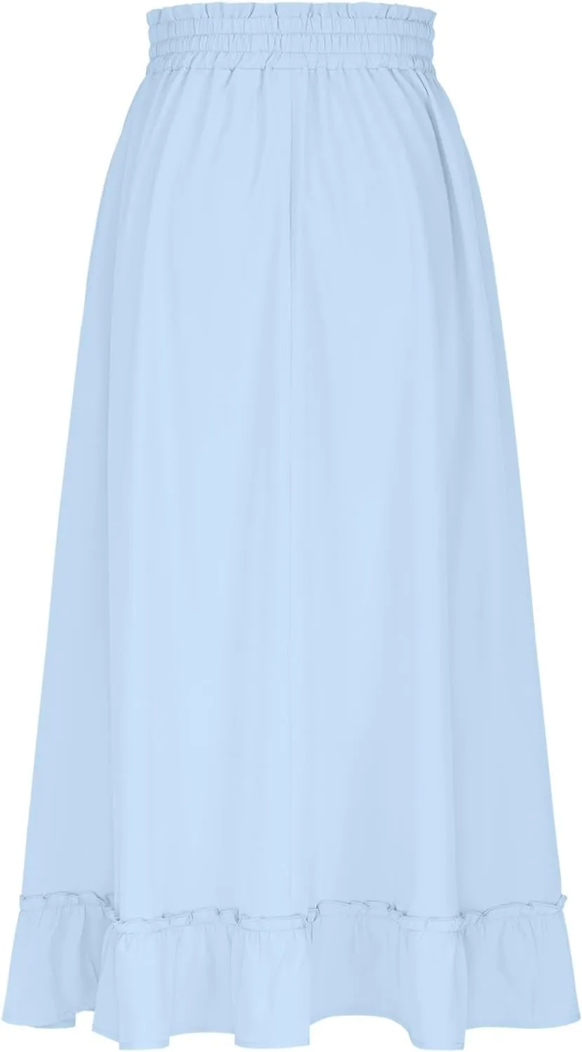 Womens Maxi Skirt Summer Trendy Drawstring Elastic High Waisted Casual Beach Flowy Swing Long Skirts with Pockets