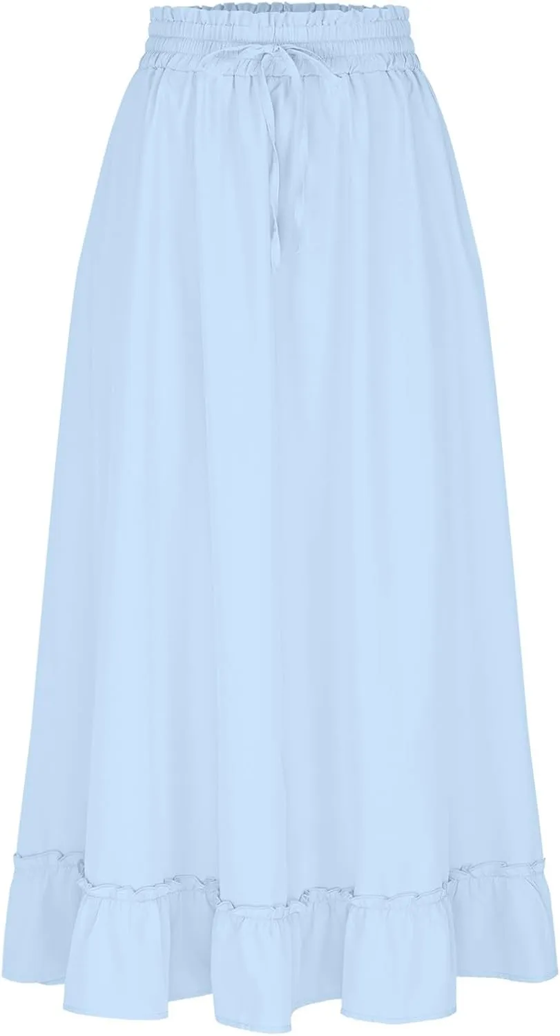 Womens Maxi Skirt Summer Trendy Drawstring Elastic High Waisted Casual Beach Flowy Swing Long Skirts with Pockets