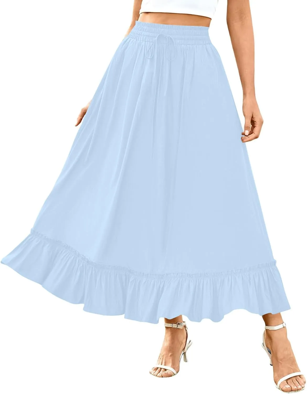 Womens Maxi Skirt Summer Trendy Drawstring Elastic High Waisted Casual Beach Flowy Swing Long Skirts with Pockets