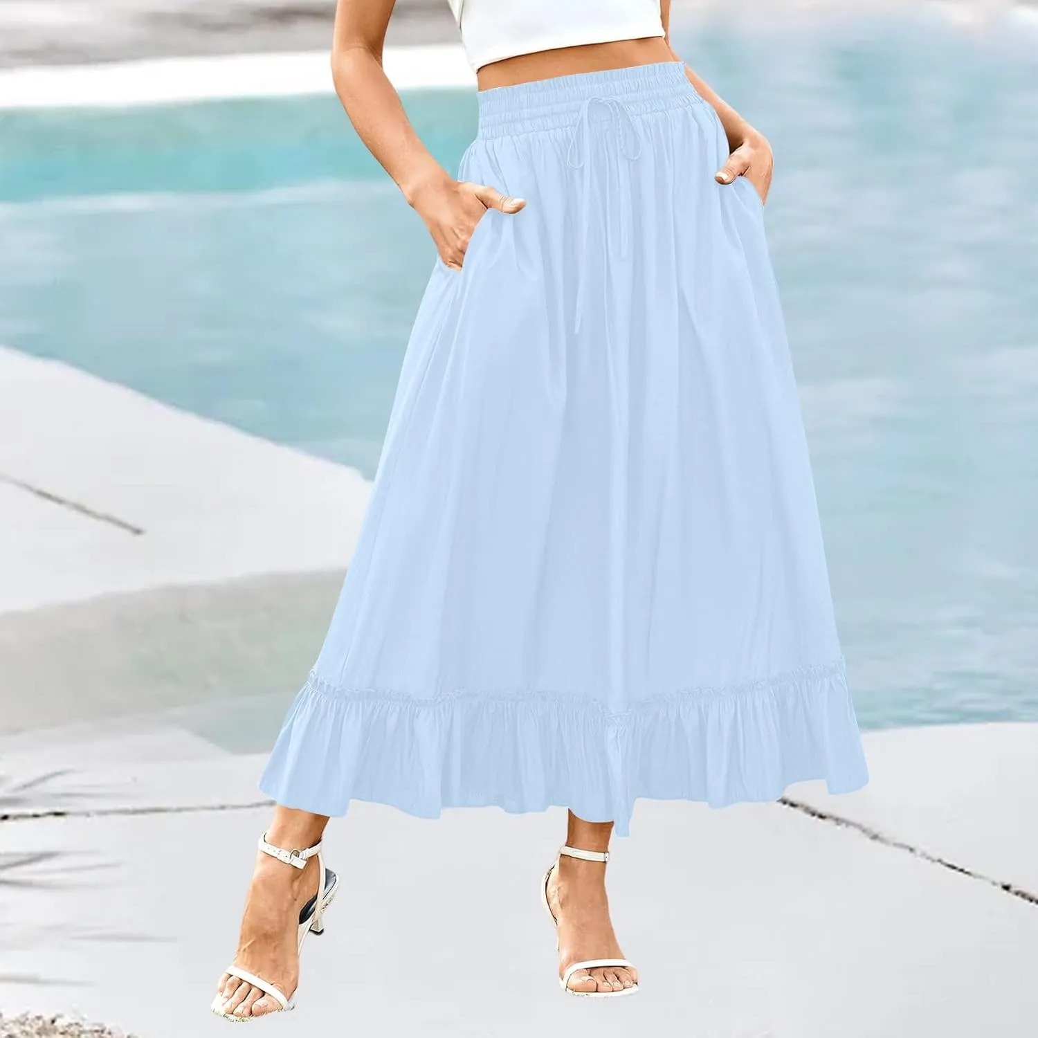 Womens Maxi Skirt Summer Trendy Drawstring Elastic High Waisted Casual Beach Flowy Swing Long Skirts with Pockets