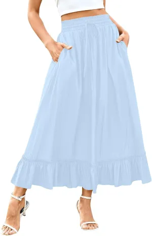 Womens Maxi Skirt Summer Trendy Drawstring Elastic High Waisted Casual Beach Flowy Swing Long Skirts with Pockets