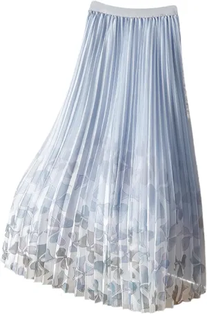 Womens Pleated Midi Skirt Tulle Tutu Graphic Print Elastic Waist A-Line Mesh Summer Long Flowy Skirts
