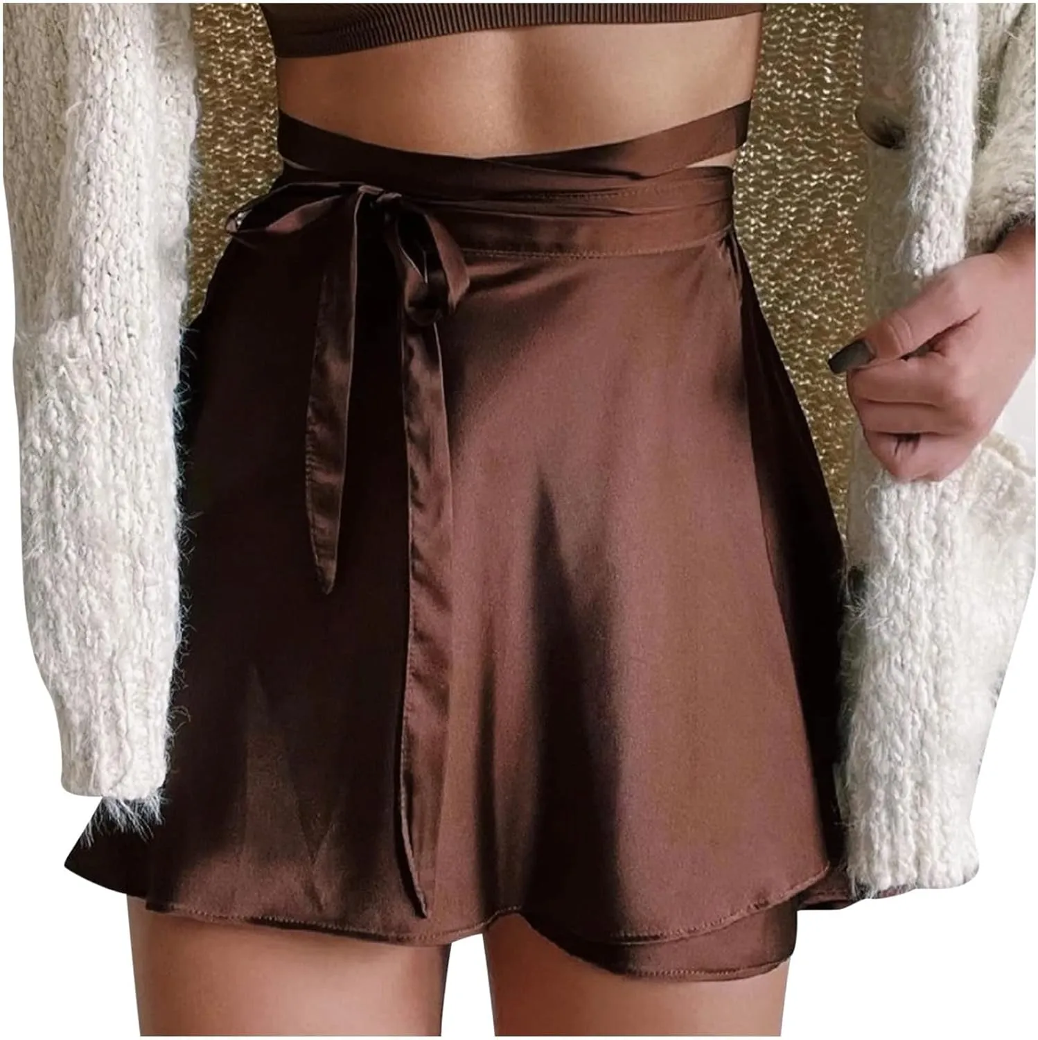 Women's Silky Satin Mini Short Skirt High Waist Bow Tie Wrap Around A Line Skirts Casual Solid Flowy Summer Skirt