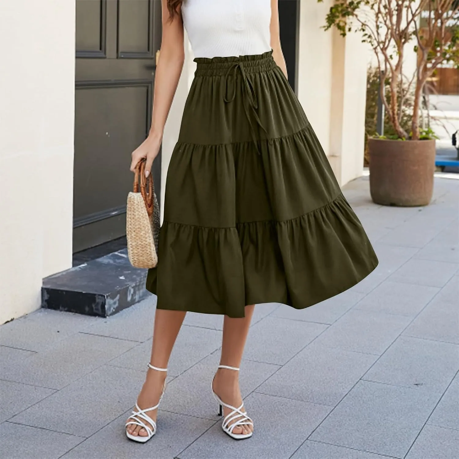 Womens Skirts Midi Length Floral Tiered Skirt Drawstring Summer Pleated Flowy Vacation A Line Skirt with Pockets