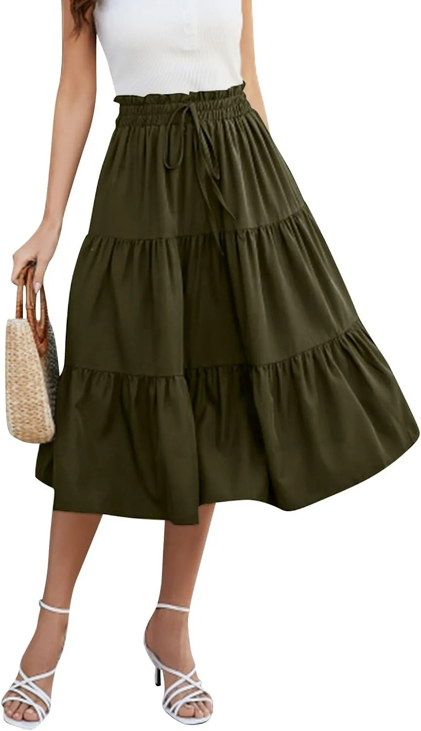 Womens Skirts Midi Length Floral Tiered Skirt Drawstring Summer Pleated Flowy Vacation A Line Skirt with Pockets