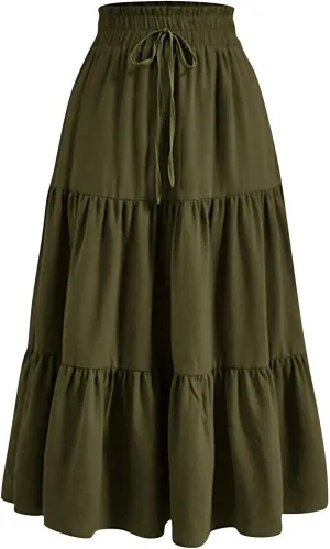 Womens Skirts Midi Length Floral Tiered Skirt Drawstring Summer Pleated Flowy Vacation A Line Skirt with Pockets