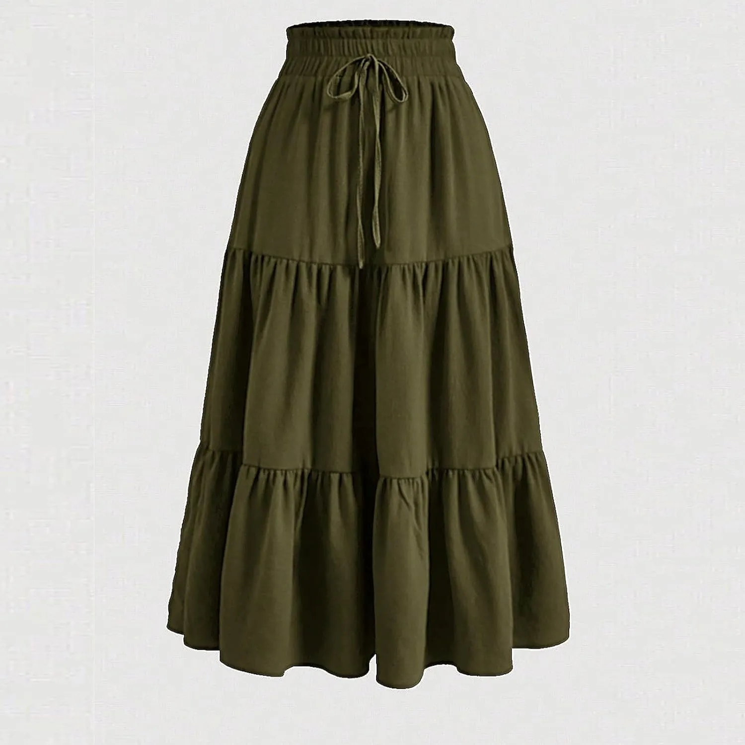 Womens Skirts Midi Length Floral Tiered Skirt Drawstring Summer Pleated Flowy Vacation A Line Skirt with Pockets