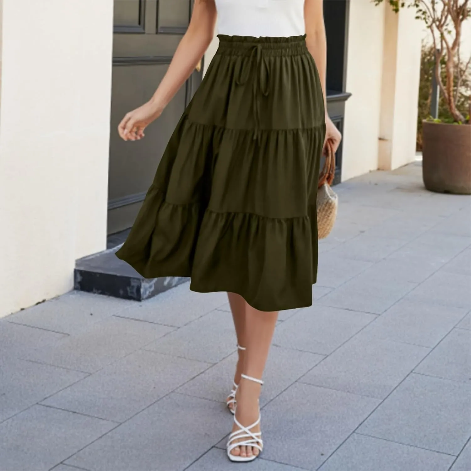 Womens Skirts Midi Length Floral Tiered Skirt Drawstring Summer Pleated Flowy Vacation A Line Skirt with Pockets