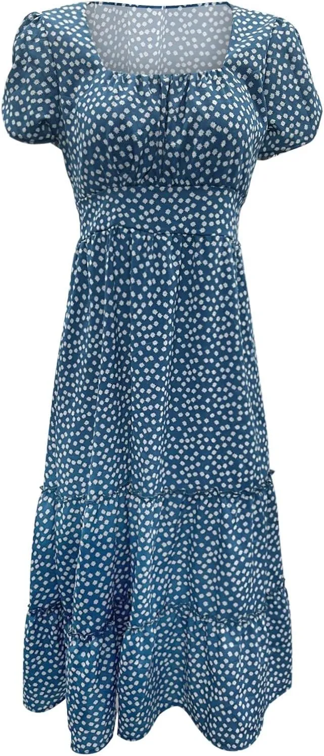 Women's Spring Summer Dresses Puff Sleeve Party Casual Floral Print Boho Elegant Beautiful Cute Midi Long Maxi Dress