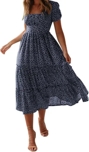 Women's Spring Summer Dresses Puff Sleeve Party Casual Floral Print Boho Elegant Beautiful Cute Midi Long Maxi Dress