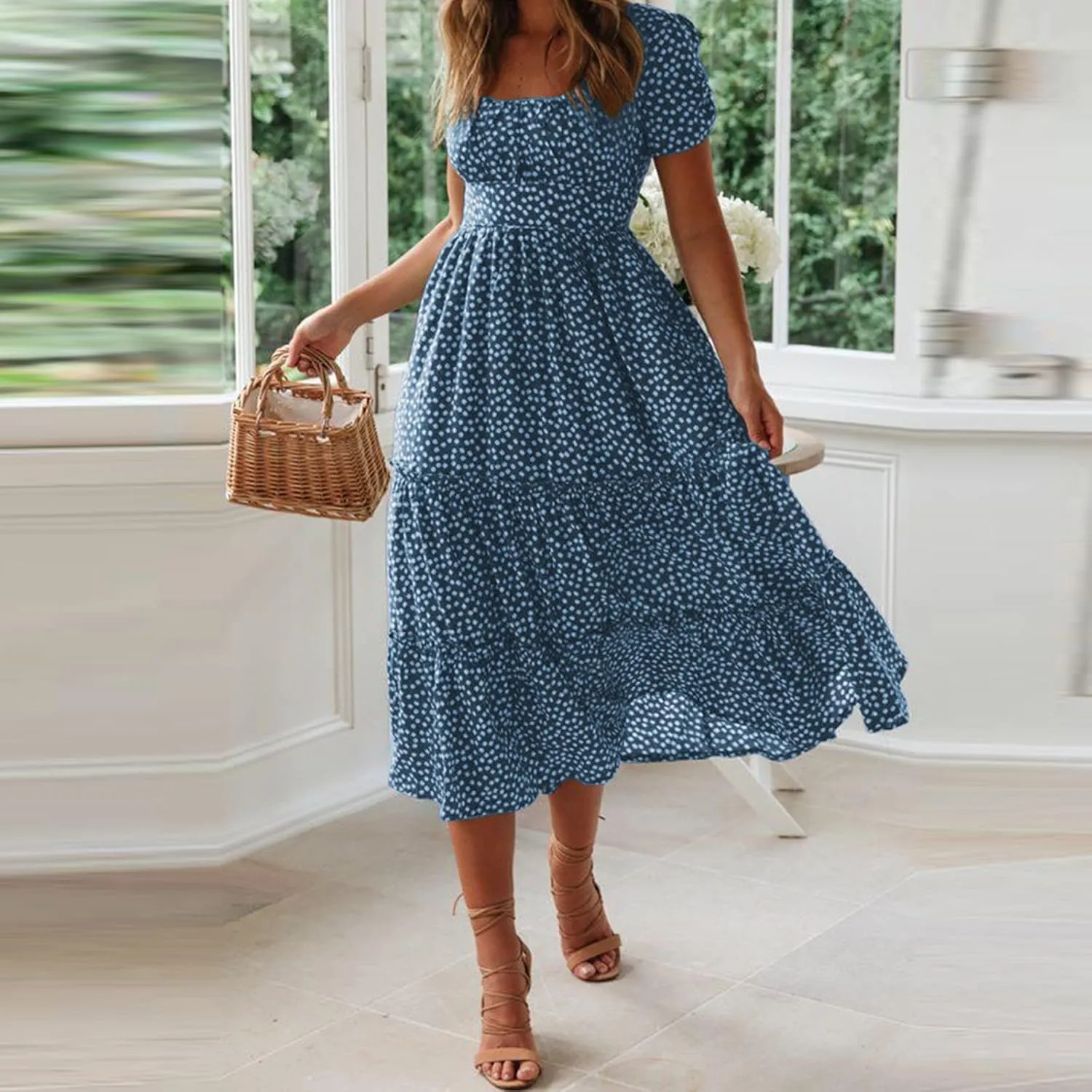 Women's Spring Summer Dresses Puff Sleeve Party Casual Floral Print Boho Elegant Beautiful Cute Midi Long Maxi Dress