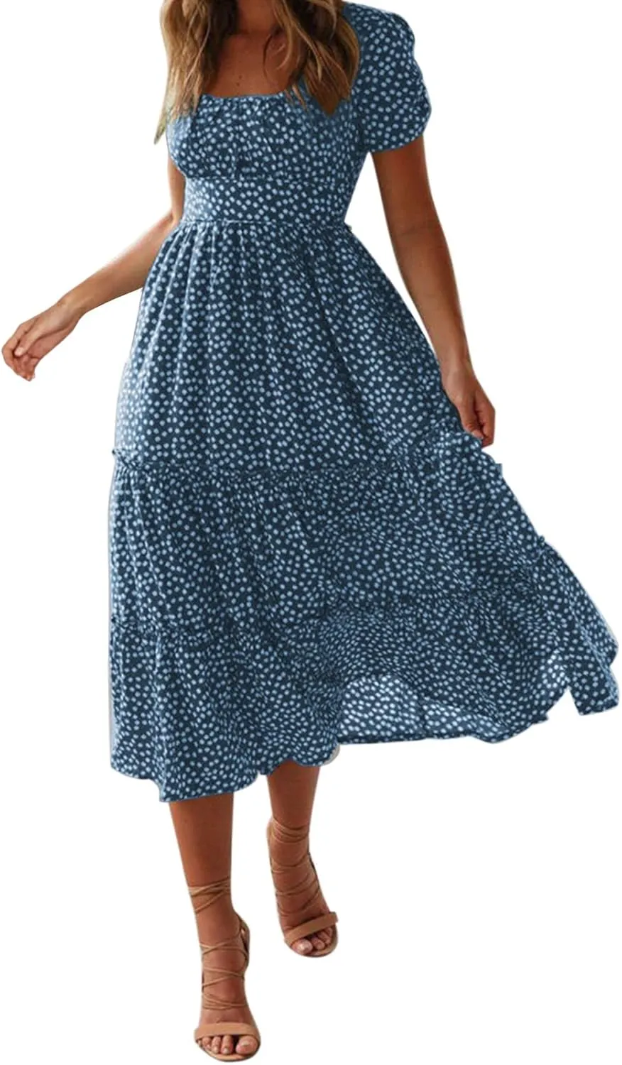 Women's Spring Summer Dresses Puff Sleeve Party Casual Floral Print Boho Elegant Beautiful Cute Midi Long Maxi Dress
