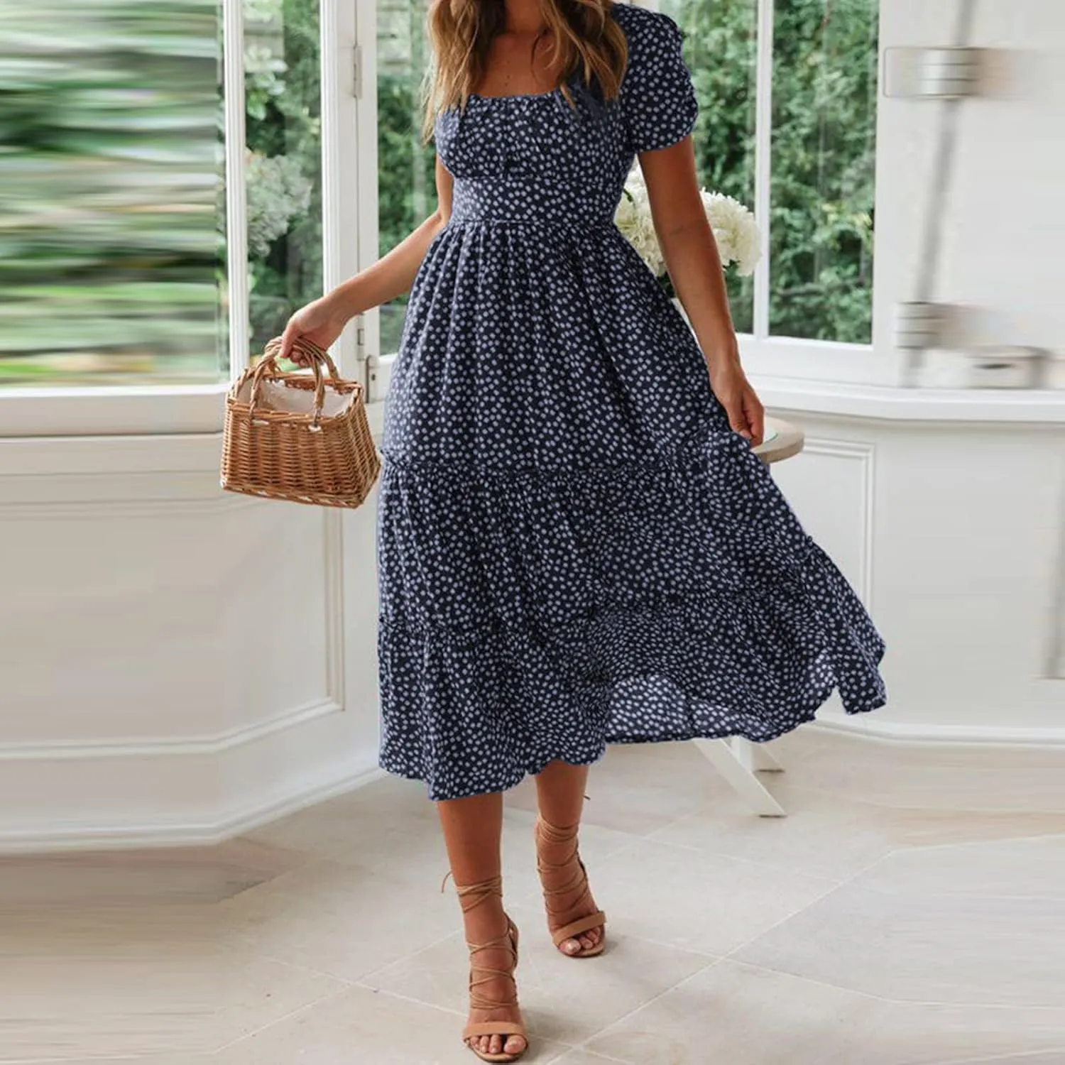 Women's Spring Summer Dresses Puff Sleeve Party Casual Floral Print Boho Elegant Beautiful Cute Midi Long Maxi Dress