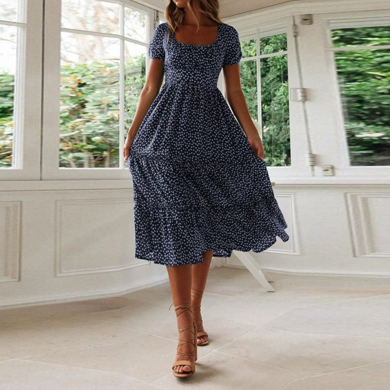 Women's Spring Summer Dresses Puff Sleeve Party Casual Floral Print Boho Elegant Beautiful Cute Midi Long Maxi Dress