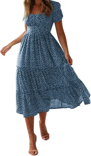 Women's Spring Summer Dresses Puff Sleeve Party Casual Floral Print Boho Elegant Beautiful Cute Midi Long Maxi Dress