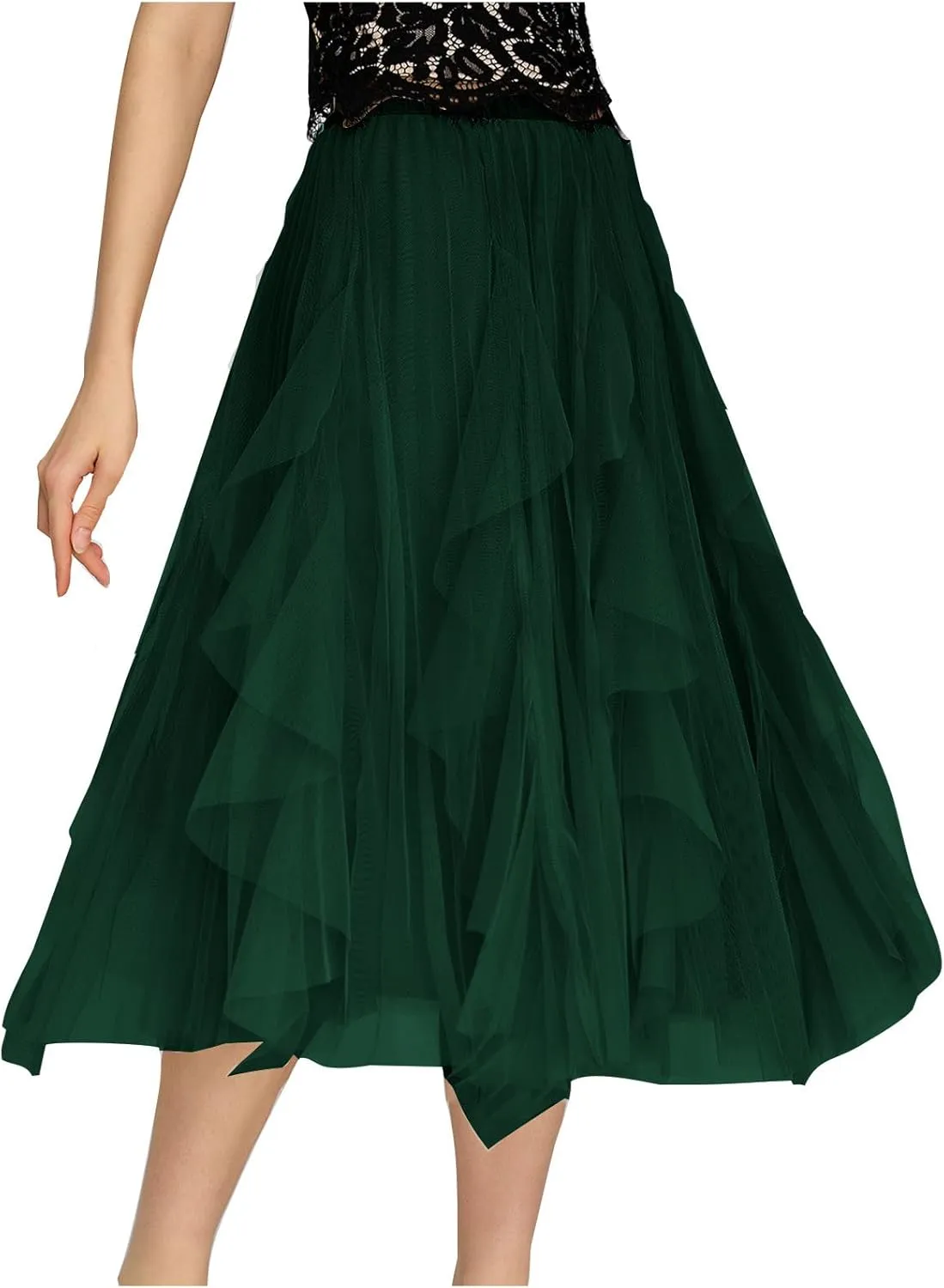 Women's Tulle Skirt High Low Asymmetrical A-Line Fairy Elastic High Waist Mesh Layered Pleated Long Midi Skirts