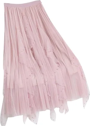 Women's Tulle Skirt Layered Pleated Mesh Tutu Skirt High Elastic Waist Midi Skirt Party Prom Mesh Flowy Ankle Skirt