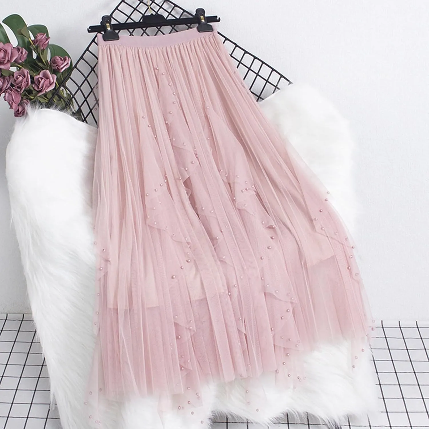 Women's Tulle Skirt Layered Pleated Mesh Tutu Skirt High Elastic Waist Midi Skirt Party Prom Mesh Flowy Ankle Skirt