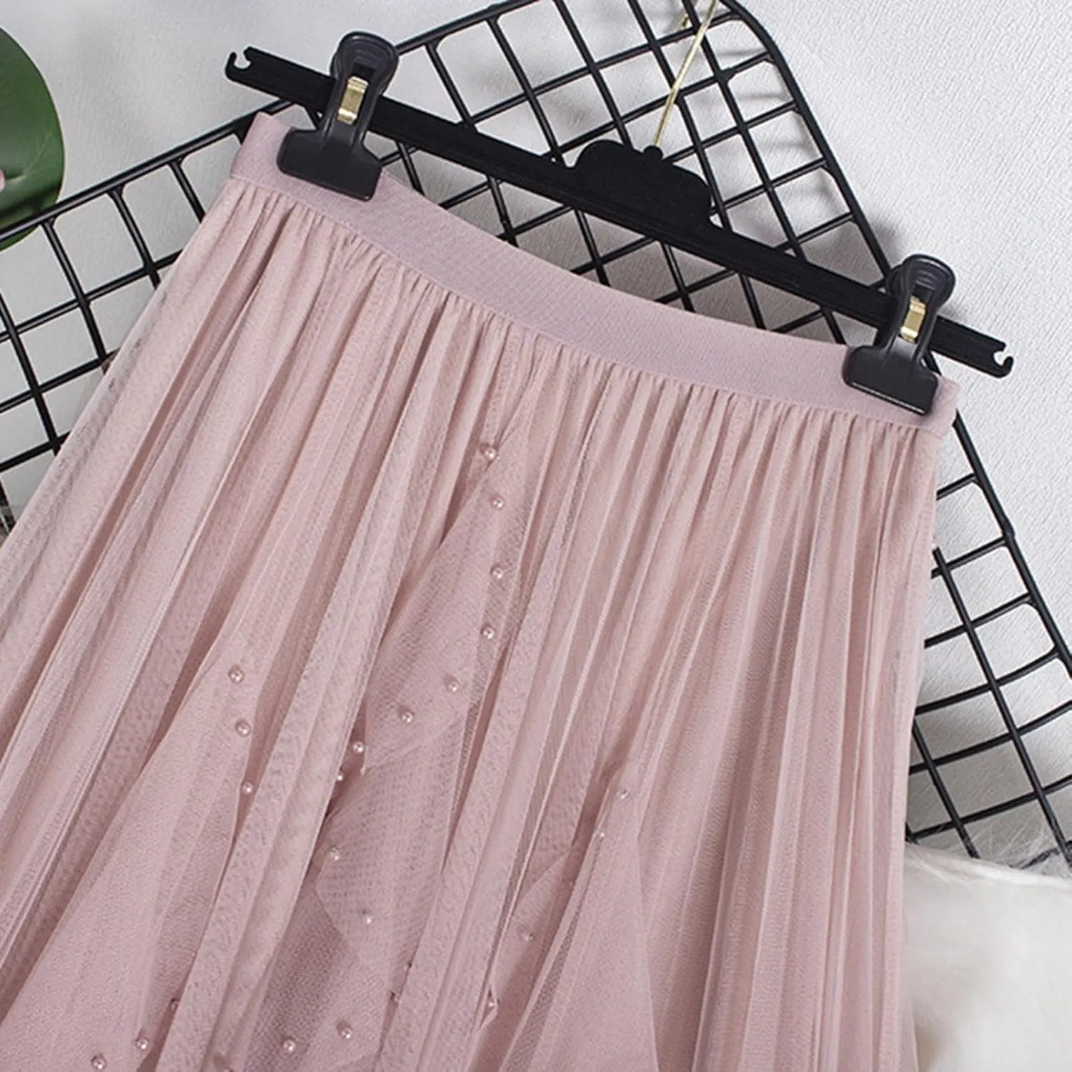 Women's Tulle Skirt Layered Pleated Mesh Tutu Skirt High Elastic Waist Midi Skirt Party Prom Mesh Flowy Ankle Skirt